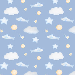 Obraz premium Watercolor seamless pattern with fish, balls and stars in pastel colors on blue background