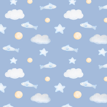 Watercolor seamless pattern with fish, balls and stars in pastel colors on blue background