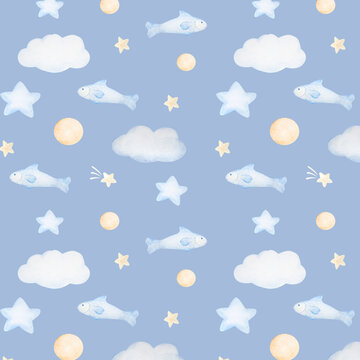 Watercolor seamless pattern with fish, balls and stars in pastel colors on blue background