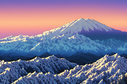 Piasaje del monte Fuji pixelado al atardecer - AI Generated Art 