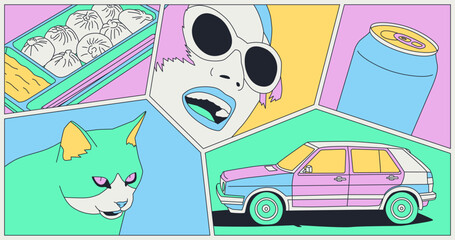 Fashion minimal illustration. Stylish comic absurd collage set. Trendy trippy design