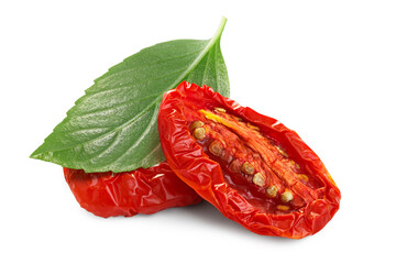 Dried or Sundried tomato halves with thai basi l isolated png