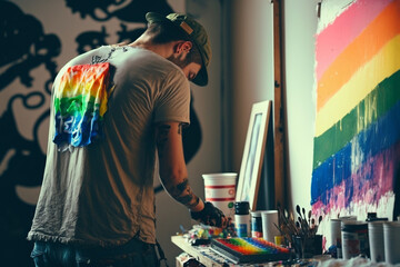 The Rainbow Flag, graphic artist drawing a rainbow LGBTQ symbol on a blank canvas. artist is wearing a paint-splattered apron and holding a palette and brush, and the background is a cluttered studio.