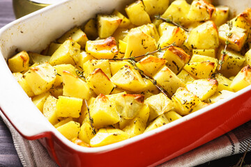 Baked potato with thyme on dark rustic table.