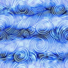 Fototapeta na wymiar Waves, clouds seamless pattern. Endless rapport for packaging, textile, decoupage, wall-art 