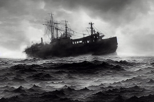 A ship on stormy weather oil painting