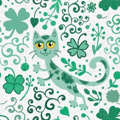 Obraz premium green cat flowers and shamrock seamless abstract pattern background fabric design print wrapping paper digital illustration