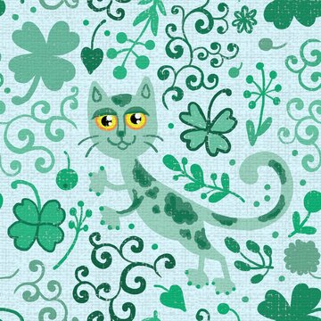 pattern with funny green cat and shamrock seamless background fabric fashion design print wrapping paper digital illustration texture wallpaper colorful image