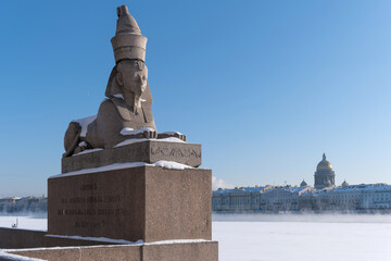 Antique Egyptian Sphinx on the University Embankment of the Neva River. Saint-Petersburg, Russia