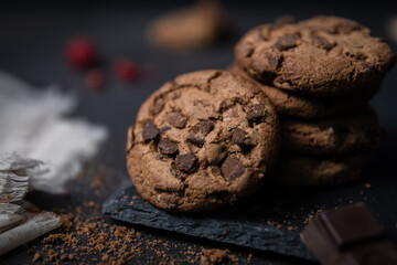 chocolate chip cookies on stone plate