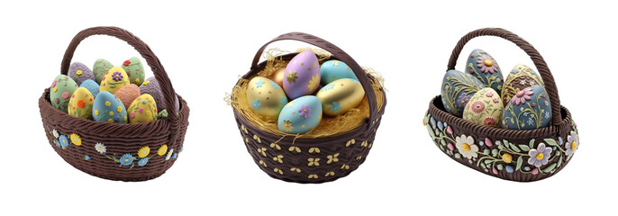 Basket with hand painted Easter Eggs on transparent or white background, ornate april holiday with Easter flowers and beautiful colors