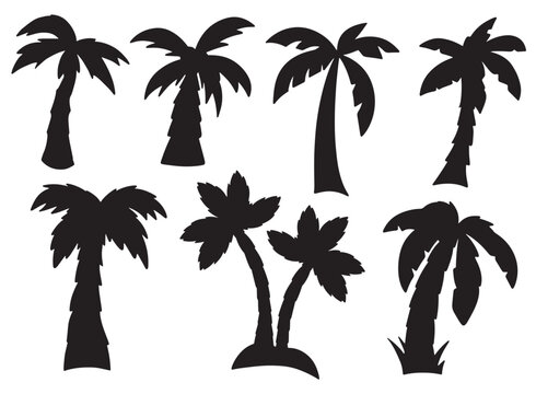 Vector graphics set of different palm tree silhouette black