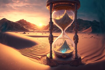 intricate enormous hourglass time turner. sand fighting against the unstoppable flow of time - obrazy, fototapety, plakaty