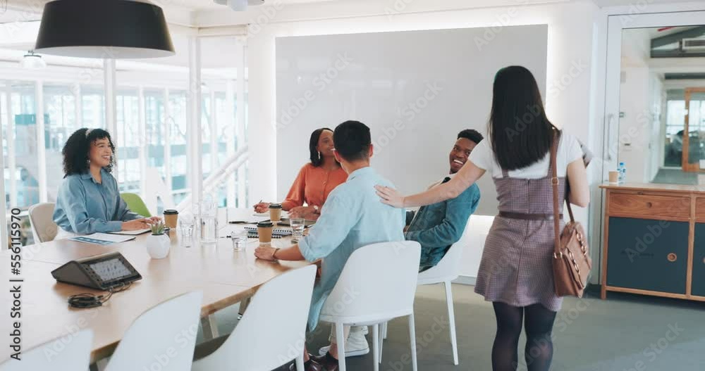 Poster Meeting, office and woman greeting colleagues in the conference room before working on a project. Corporate, professional and business people planning company report, review or proposal in workplace.