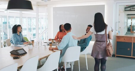 Meeting, office and woman greeting colleagues in the conference room before working on a project. Corporate, professional and business people planning company report, review or proposal in workplace.