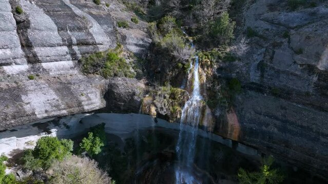 La Mea waterfall seen from a drone. Between Quintanilla Valdebodres and Puentedey in the area of the Canales del Dulla. The Merindades. Burgos. Spain. Europe