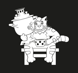 Vector silhouette of a cat with a samovar and a cup is sitting on a chair. Stencil for scrapbooking, decorate windows, carved wood, greeting card, cups, holiday decoration.