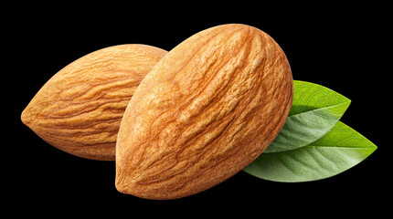 Two delicious almonds with leaves, isolated on black background