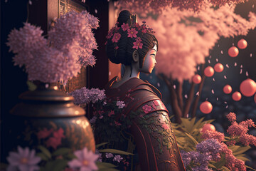 Japanese geisha in kimono with cherry blossoms 