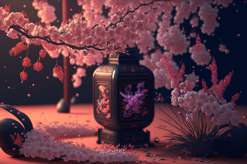 Asian lantern surrounded by cherry blossoms