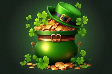 Happy St Patricks Day, pot full of golden coins, green hat and shamrock, Realistic design elements, copy space, Vector Illustration