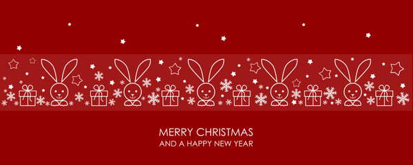 Vector illustration. Merry Christmas and Happy New Year on a red background. Symbols of the new year, rabbit, stars, presents. Banners, postcards, posters, signs.
