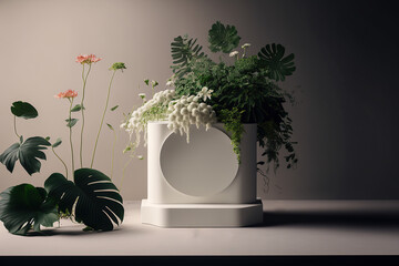 Podium for product presentation ,green plants,flowers,  white podium