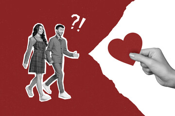 Photo artwork minimal collage picture of happy charming lady guy walking enjoying 14 february isolated drawing background