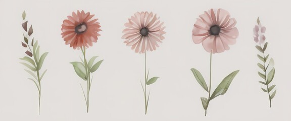 Watercolor flowers set on a white background for design and print.