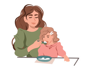 Mom feeds her daughter with a spoon at the table. Child care, motherhood. Flat vector illustration