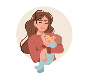 Mom feeds the baby in her arms. Flat vector illustration