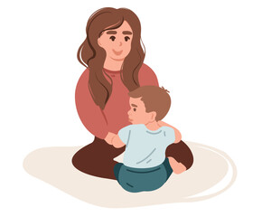 Young mother sits with her little son, child care, motherhood. Flat vector illustration,