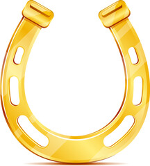 One golden horseshoe in front view isolated on white - obrazy, fototapety, plakaty
