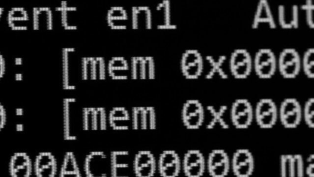 Code. Server logs on a monitor scroll by showing information related to scanning and network activity. File check and security. Concept background for video about technology and digital transformation