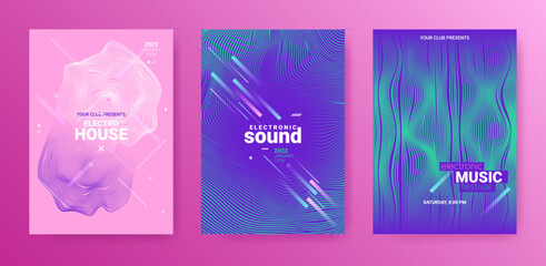 Psychedelic Abstract Dj Flyer. Electro Sound Poster. Techno Dance Cover. Vector Edm Background. Geometric Dj Flyer Set. Futuristic Fest Illustration. Gradient Wave Movement. 3d Abstract Dj Flyer.