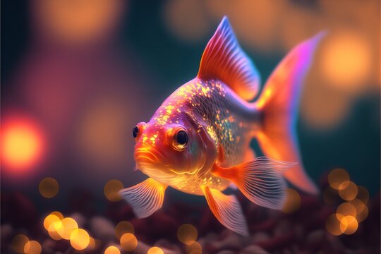 Glowing Goldfish in a Colorful aquarium. Aquarium photo with colorful goldfish.