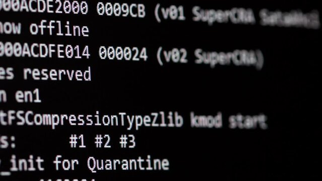 Code. Server logs on a monitor scroll by showing information related to scanning and network activity. File check and security. Concept background for video about technology and digital transformation