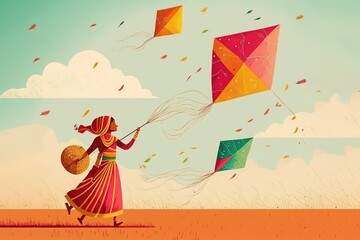 fly kites for the holiday Makar Sankranti Hindu harvest festival stock illustration Makar Sankranti, Kite - Toy, Illustration, India, Traditional Festival - obrazy, fototapety, plakaty