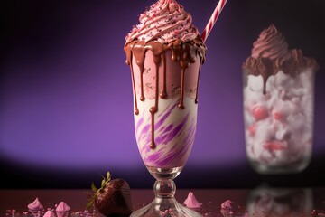 dripping chocolate and strawberry icecream birthday cake in a milkshake glass, food photography