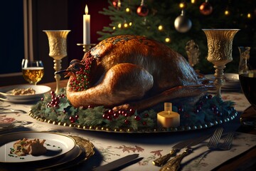 Dinner party, traditional christmas turkey with christmas tree background