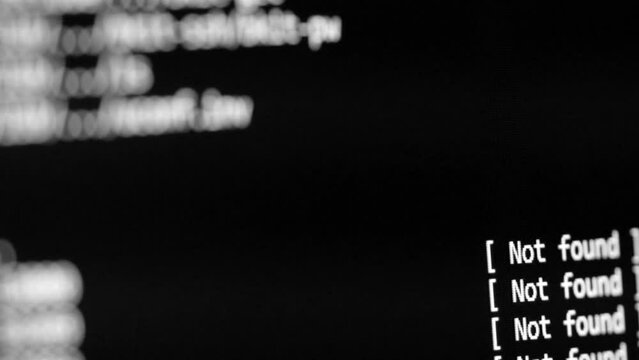 Computer code. Check and scan for possible computer threats and cybercrime. Network and file integrity check. Textual log information scrolls across the black screen