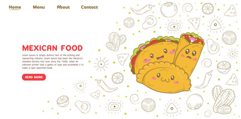 Mexican food tacos and burritos landing page website template with doodle cartoon elements
