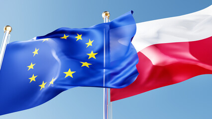 poland and eu flags waving in the wind against a blue sky. polish and european union symbols 3d rendering