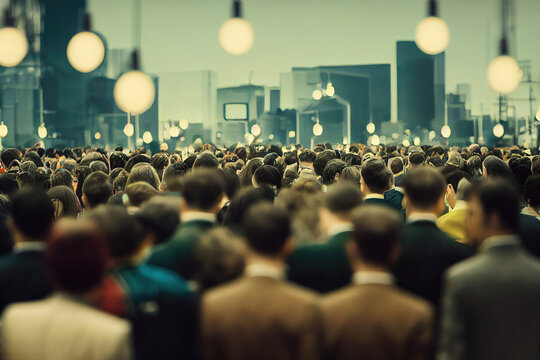 Masses of business people walking in city as anonymous crowd (Generative AI)