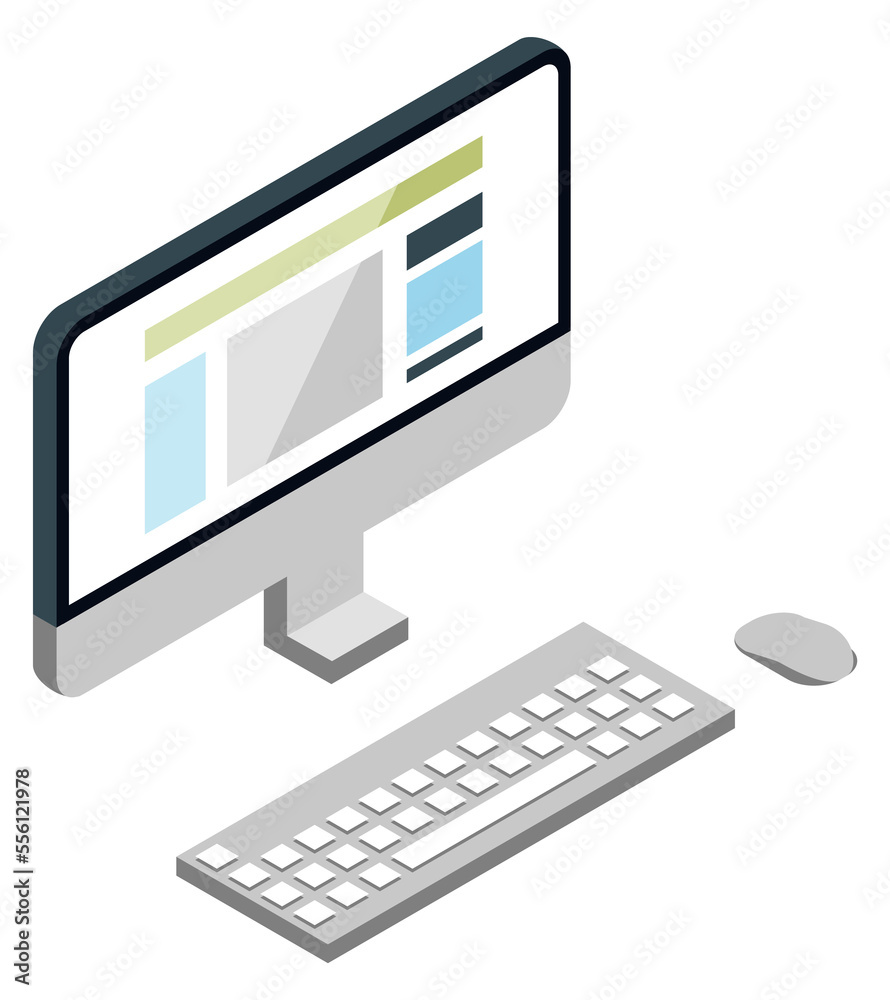 Poster computer isometric icon. workspace monitor with keyboard and mouse