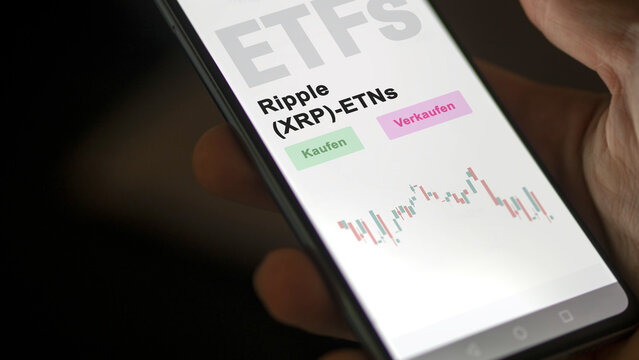 December 2022. An investor analyzes the Ripple (XRP)-ETNs ETF fund on phone screen Ripple (XRP)-ETNs. German text translated :Kaufen, Verkaufen, Ripple (XRP)-ETNs= buy, Sell, Ripple (XRP) ETNs