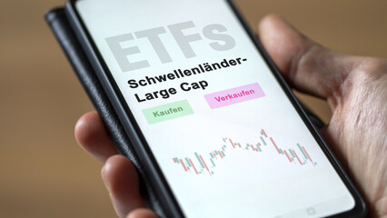 December 2022. An investor analyzes a large cap bricks ETF. German text: :Kaufen, Verkaufen, schwellenländer = buy, sell, emerging markets