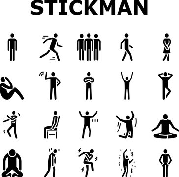 stickman man people silhouette icons set vector. pictogram human, stick person, figure posture, body position male character movement stickman man people silhouette glyph pictogram Illustrations
