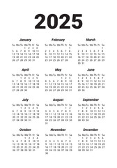 Days of the week months, calendar for 2025, inscriptions in black on a white background, basic calendar