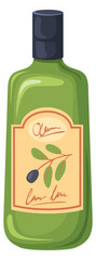 Olive oil bottle. Cartoon glass container with virgin fresh product